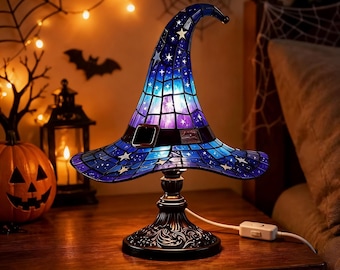 Lampe de table gothique fantastique avec chapeau de sorcier avec oeuvre d'art artisanale, parfaite pour une décoration de chambre enchantée ou des cadeaux