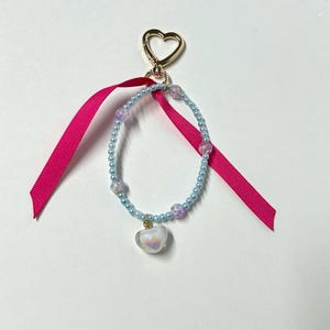 Coquette Pearl Keychain, Pink Ribbon Bag Charm, Blue Beaded Keyring, Glass Crystal Heart, Cute Pastel Keychain, Handmade Gift for Her