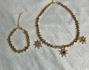 Gold-Tone Celestial Sun Necklace and Bracelet Set, Beaded Dainty Choker, Colorful Sunburst Charm Jewelry, Mystic Astrology Gift for Her
