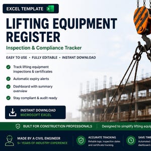 May include: A construction-themed graphic featuring a crane hook and the text "Lifting Equipment Register." The register is designed for inspection and compliance tracking. The image includes the text "Instant Download Microsoft Excel."
