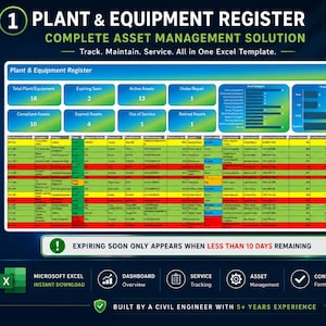 Può includere: Un modello Excel per il registro di impianti e attrezzature con una dashboard per il monitoraggio delle risorse, un grafico a torta e una tabella dati dettagliata. L'interfaccia include indicatori di stato, righe codificate a colori ed etichette.