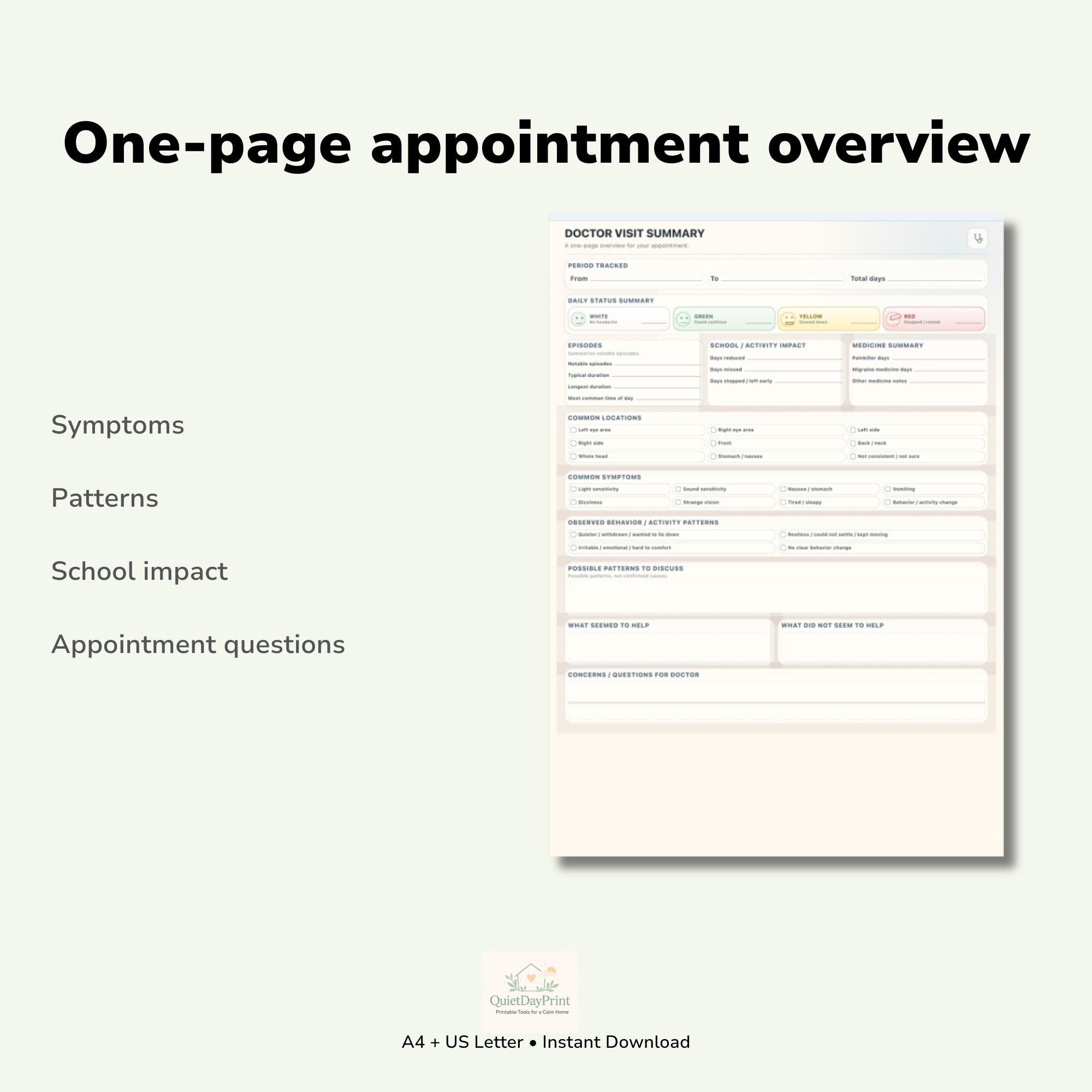 Doctor Visit Summary Printable | Child Headache Notes PDF | Migraine ...