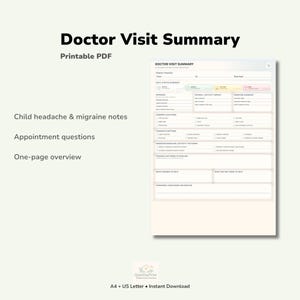Può includere: Un documento PDF stampabile intitolato "Doctor Visit Summary" con sezioni per lo stato giornaliero, i sintomi e altro. Il documento include il testo "Child headache & migraine notes," "Appointment questions," e "One-page overview."