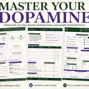 Könnte beinhalten: Drei weiße, druckbare Planerseiten mit dem Titel Master Your Dopamine. Die Seiten sind als My Dopamine Menu, Dopamine Leaks Tracker und Focus Authority Tracker beschriftet. Jede Seite enthält strukturierte Abschnitte, Kontrollkästchen und Textaufforderungen in dunkelgrüner und violetter Tinte.