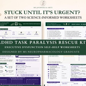 Peut inclure: Un ensemble de deux fiches de travail basées sur la science intitulées Stuck Until It's Urgent et ADHD Task Paralysis Rescue Kit. Les documents présentent des mises en page vert foncé et blanc avec des sections sur le dysfonctionnement exécutif.