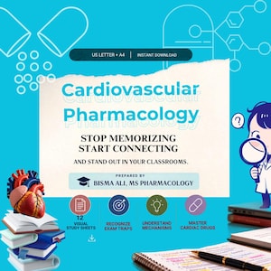 Op de afbeelding: Een digitale studiegids getiteld Cardiovascular Pharmacology met de tekst Stop Memorizing Start Connecting. Het bevat een stapel boeken met een anatomisch hart, een stripfiguur met een vergrootglas en vier iconen.