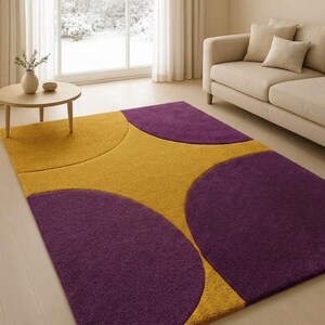 Modern Mustard & Plum Geometric Area Rug | Handmade Abstract Circle Rug | Contemporary Color Block Living Room Carpet