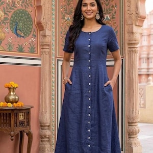 Blue Linen Maxi Dress for Women, Short Sleeve Button Front Dress with Pockets, Loose Fit Tunic Dress, Handmade Summer Dress