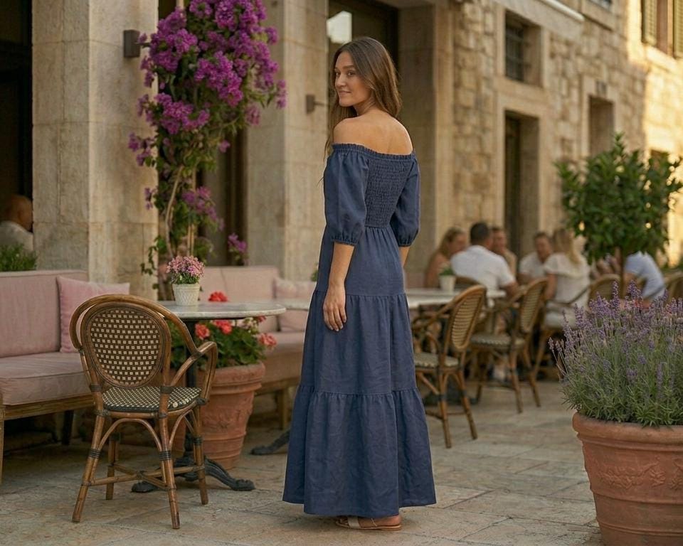 navy blue summer maxi dress Linen | off Shoulder Linen Dress for Women | Puff Sleeve Dress | Elegant Resort Wear | Vacation Dress bulkimgvariant Anabelle Halter Neck Midi Size:42S Imported.