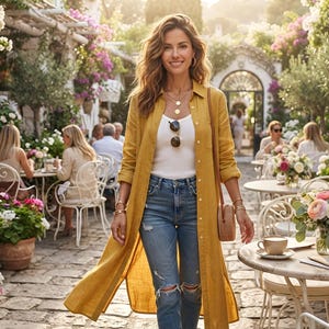 Könnte beinhalten: Ein langes, senfgelbes Hemd mit Knopfleiste, offen getragen über einem weißen Tanktop und einer blauen, zerrissenen Jeans. Das Outfit umfasst eine mehrlagige Goldkette, goldene Creolen, goldene Armreifen und eine kleine, runde, braune Umhängetasche.