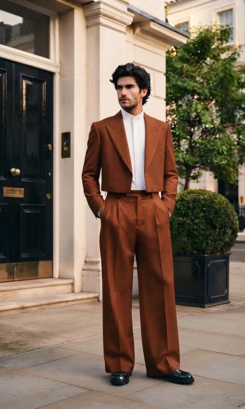 Men’s Tan Brown Cropped Suit | Wide Leg Pleated Trousers | High Waisted Men’s Tan Brown Cropped Suit | Wide Leg Pleated Trousers | High Waisted