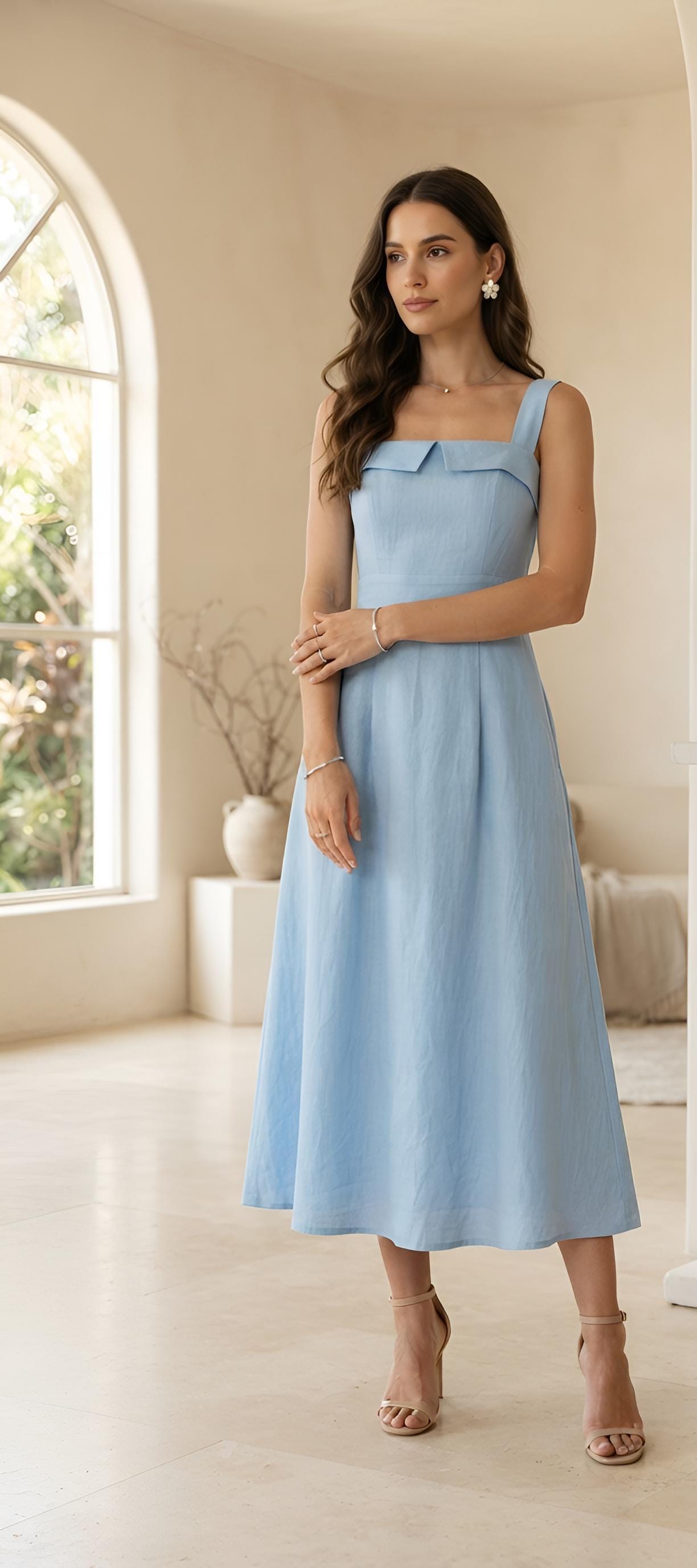 Blue Linen Midi Dress