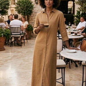 Camel Linen Shirt Dress Women, Button Down Maxi Linen Dress, Long Sleeve Linen Dress with Pockets, Minimalist Linen Clothing, Custom