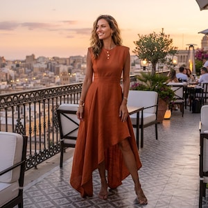 Rust Linen High Low Midi Dress for Women | Sleeveless A-Line Summer Dress | Elegant Linen Cocktail Dress | Wedding guest outfit