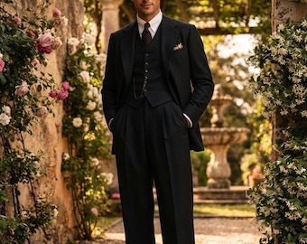 Black Linen 3 Piece Suit for Men, 1930s Vintage Menswear, Old Money Wide Leg Trousers, Classic Groom Wedding Suit, Retro Formalwear