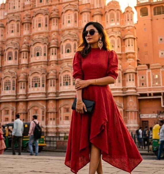 red linen puff sleeve dress & Other Stories linen puff sleeve midi dress in red