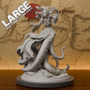 May include: A grey unpainted resin miniature of a female figure with multiple snake-like tentacles for a lower body and hair, wearing a detailed bodice and flowing fabric. The text LARGE BASE: 50MM/2" (32MM SCALE) is visible in the upper left corner.