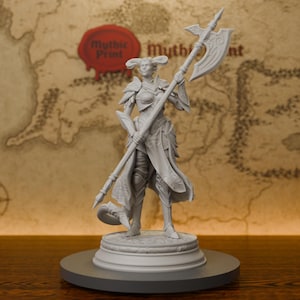 May include: A light gray unpainted resin miniature figure of a horned warrior standing on a circular base. The figure wears ornate plate armor and holds a long polearm with a large axe blade. The character features pointed ears and a long tail.