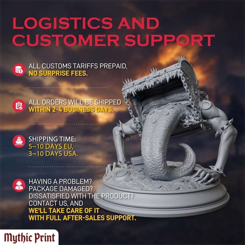 May include: A grey, unpainted miniature of a mimic creature, depicted as a wooden chest with sharp teeth, a long protruding tongue, and two clawed arms with spiked wristbands, all resting on a circular base covered in scattered gold coins.