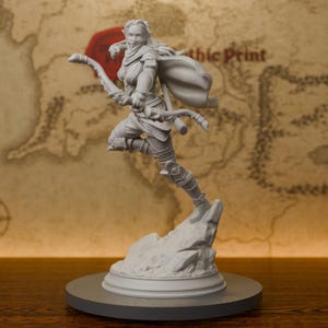 May include: A light gray unpainted resin miniature figurine of an elf archer in a dynamic leaping pose. The figure wears a face mask, a flowing cape, and armor, holding a curved bow. It stands on a rocky base atop a circular pedestal.