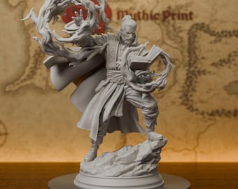 May include: A light gray unpainted resin miniature of a spellcaster standing on a rocky base. The figure wears a long coat and holds an open book in one hand, while the other hand is raised, surrounded by swirling magical energy effects.