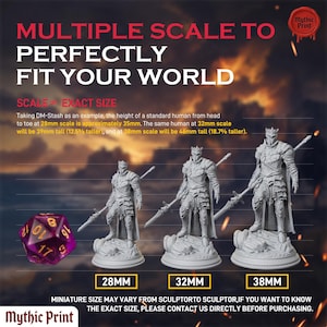 May include: A graphic display showing three grey knight figurines in 28mm, 32mm, and 38mm scales, accompanied by a purple 20-sided die. Text includes: MULTIPLE SCALE TO PERFECTLY FIT YOUR WORLD, SCALE &ne; EXACT SIZE, and details on height variations.