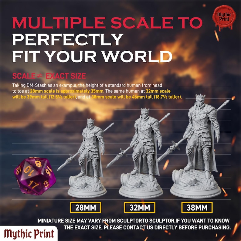May include: A graphic display showing three grey knight figurines in 28mm, 32mm, and 38mm scales, accompanied by a purple 20-sided die. Text includes: MULTIPLE SCALE TO PERFECTLY FIT YOUR WORLD, SCALE &ne; EXACT SIZE, and details on height variations.