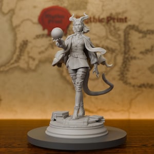 May include: A gray unpainted resin miniature figurine of a tiefling character with horns and a tail, wearing a belted tunic and cloak, holding a sphere in one hand, standing on a circular base with books, featuring intricate sculpted details.