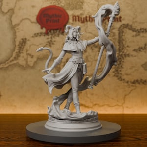 May include: A light gray unpainted resin miniature figure of a horned character wearing a long coat and cape, holding a staff with flowing fabric elements. The figure features a pointed tail, a belt with a small book, and stands on a circular base.