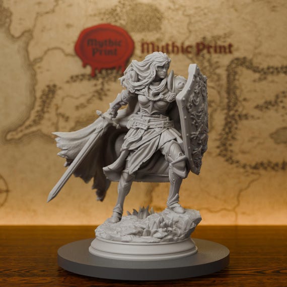 Female Human Paladin with Sword Shield Miniatures - Resin 3D Printed DND Pathfinder Mini - 28mm~38mm Scale - Unpainted Grey