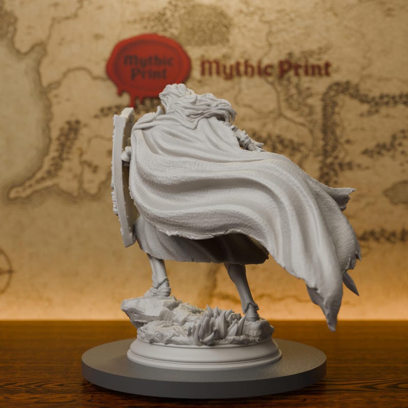 May include: A light gray unpainted miniature figurine of a warrior standing on a rocky base. The figure wears a long, flowing cape that billows to the right and holds a rectangular shield in the left hand. The surface shows detailed textures.