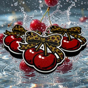 Könnte beinhalten: Ein Set aus drei flachen, kirschförmigen Anhängern mit leuchtend roten Früchten, weißen Glanzlichtern und schwarzer Umrandung. Jeder Anhänger ist mit einer gold-schwarzen Schleife im Leopardenmuster verziert, umgeben von spritzendem Wasser und Kirschen.