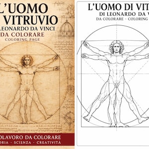 May include: A printable colouring page featuring Leonardo da Vinci's Vitruvian Man. The design includes the iconic figure within a circle and square, surrounded by technical sketches on a parchment-style background, with a colour guide included.