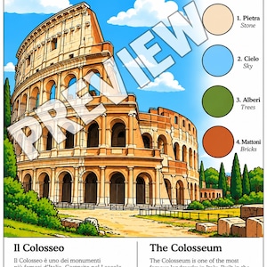 Peut inclure: Une illustration à colorier du Colisée à Rome, en Italie. L'image présente un amphithéâtre en pierre beige sous un ciel bleu avec des arbres verts et un guide de couleurs intitulé Guida dei colori avec quatre cercles numérotés pour la pierre, le ciel, les arbres et les briques.