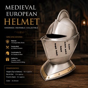 Medieval European Knight Helmet | Handmade Steel Wearable Armor | Cosplay Costume | Renaissance Faire Gift for Men