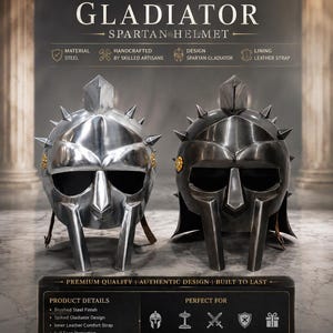 Könnte beinhalten: Zwei spartanische Gladiatorenhelme aus Stahl, einer mit glänzend gebürstetem Finish und einer mit dunklem Metallic-Finish. Beide Helme verfügen über ein Stacheldesign, einen zentralen Kamm und einen Nasenschutz. Der Text auf dem Bild enthält Legendary Artifact Co.
