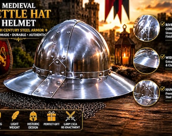Steel Kettle Hat Helmet Medieval Crusader Armor | Wearable Knight Helmet for Cosplay, LARP & Display