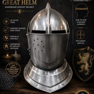 May include: A silver-colored steel sugarloaf great helm knight helmet with a pointed top, horizontal eye slits, and a circular pattern of ventilation holes on the side. The helmet features a leather chin strap and measures 8 inches ear to ear.