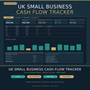 以下が含まれることがあります： 英国の中小企業向けデジタルキャッシュフロー追跡ツール。濃い青色のデザインには、財務データ、グラフ、テキスト「UK SMALL BUSINESS CASH FLOW TRACKER」が表示されています。計算と税額の見積もりのためのタブが含まれています。