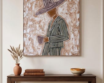 Modern Abstract Cowboy Portrait Art Print, Faceless Male Figure Coffee Wall Art, Wabi-Sabi Western Vintage Work, Bohemian Style Home Decor