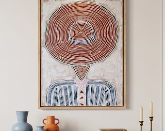 Cowboy Abstract Portrait Art Print, Western Faceless Figurative Work, Bohemian Terracotta Large Hat Wall Art, Wabi-Sabi Interior Home Decor