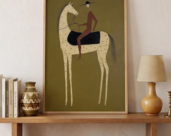 Original Abstract Horse Rider Figurative Wall Art, Western Cowboy Style Art Print Brown Textured Decorative Art Print, For Living Room Decor