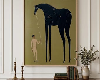 Folk Western Horse Abstract Art Print, Surrealist Horse-Themed Artwork Vintage Horse And Figure Canvas Wall Art Modern Minimalist Home Decor