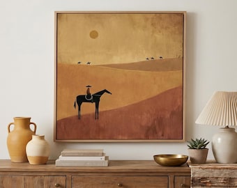 Brown Abstract Horse Rider Art Print, Japandi Wabi-Sabi Horse And Desert Wall, Western Cowboy Horse-Themed Work Folk-Inspired Interior Decor
