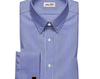 Veltrix MD Men's Blue Striped Dress Shirt: Pin Collar & French Cuffs (USA, UK)