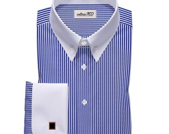 Blue Stripe Egyptian Cotton Dress Shirt Pin Collar French Cuff White Contrast Custom Made
