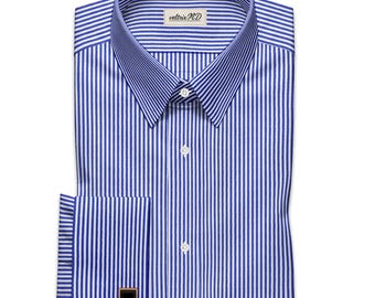 Custom Men's Blue Striped Dress Shirt - Low Straight Point Collar (USA, UK)