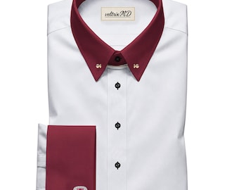 Pin Collar Dress Shirt, Vintage Formal Wear for Men, Burgundy Contrast Spearpoint Top
