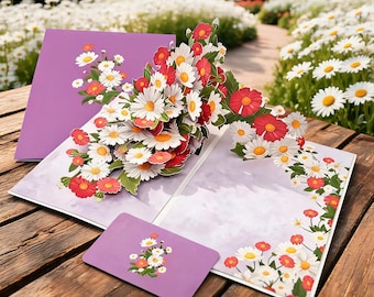 Juego de 3 tarjetas de felicitación 3D desplegables hechas a mano con flores: margaritas, orquídeas y rosas. Ideales para cumpleaños, Día de la Madre, aniversarios y bodas.