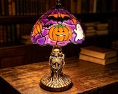 Halloween Stained  Pumpkin Skeleton Table Lamp, Gothic Ghost Bat Resin Night Light , Spooky Vintage Desk Lamp Halloween Home Decor